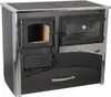 A black and silver wood-burning stove with a glass oven door and a stovetop. Produktbild-Vorschau