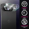 A close-up of a smartphone camera lens with protective glass overlays, with marketing icons and text on the right side. Produktbild-Vorschau