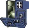 A blue phone case with a sliding camera cover and a ring holder is shown from multiple angles against a white background. Produktbild-Vorschau