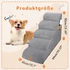 A corgi dog is lying next to a gray pet stair with dimensions indicated. Produktbild-Vorschau