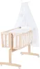 A wooden baby bassinet with a white canopy and bedding, shown on a white background. Produktbild-Vorschau