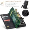 A black leather wallet-style phone case is shown open, displaying its card slots and zippered compartment. Coins are shown falling into the zippered section. Produktbild-Vorschau