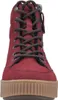 A close-up, front-facing view of a red boot with brown laces and a tan sole. Produktbild-Vorschau