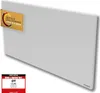 A white infrared heater is shown against a white background, with two promotional badges attached to its surface. Produktbild-Vorschau