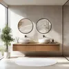 A modern bathroom with a double vanity, two round mirrors, and a large window. Produktbild-Vorschau