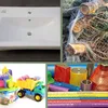 A collage of four images showing different products, including a sink, logs in netting, children's toys, and colorful mesh rolls. Produktbild-Vorschau