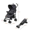 A stroller is shown in two configurations, with dimensions indicated by text overlays. Produktbild-Vorschau