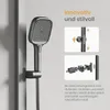 A close-up of a modern shower head and rail system mounted on a wall, with inset diagrams illustrating its features. Anteprima dell’immagine prodotto