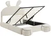 A cream-colored bed with a raised headboard and an open storage compartment. The headboard has two prominent bunny ears, and the sides of the bed have rounded, padded elements resembling paws. Anteprima dell’immagine prodotto