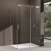 A modern glass shower enclosure with a sliding door, set against a dark textured wall and a bright outdoor area visible through the glass. Produktbild-Vorschau