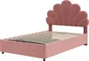 A pink upholstered bed frame with a shell-shaped headboard and a wooden slat mattress support is shown against a white background. Podgląd zdjęcia produktu