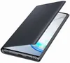 A black flip case for a smartphone is shown with the cover partially open, revealing the phone's screen. Produktbild-Vorschau