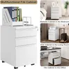 Collage showcasing a multifunctional white file cabinet in different settings, with text labels. Produktbild-Vorschau