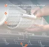 Hands assembling a white pipe system, with text overlays describing features. Produktbild-Vorschau