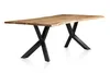 A wooden dining table with black metal legs, photographed on a white background. Produktbild-Vorschau
