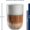 A glass filled with a layered beverage, likely coffee or a similar drink, with dimensions and volume indicated. Anteprima dell’immagine prodotto