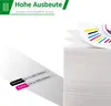 A stack of white paper with a colorful chart on top, and two labels indicating page counts for black and color printing. Produktbild-Vorschau