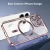 A clear iPhone case with a rose gold metallic trim and a magnetic ring is shown in the foreground, with a white iPhone visible behind it. Produktbild-Vorschau