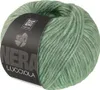 A ball of green yarn with glittery threads, with a black label attached. Produktbild-Vorschau