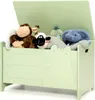 A light green toy chest shaped like a crocodile, filled with stuffed animals. Voir les images du produit