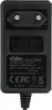 A close-up view of the back of a black AC/DC adapter with text and regulatory symbols. Produktbild-Vorschau
