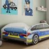 A child's bedroom with a police car-themed bed, posters of police officers on the wall, and a teddy bear on the bed. Náhled obrázku produktu