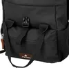Close-up view of the front of a black backpack, showing details of straps, zippers, and a small logo. Produktbild-Vorschau
