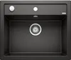 A top-down view of a black kitchen sink with a drain and faucet. Produktbild-Vorschau