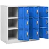 A gray and blue metal locker cabinet with multiple compartments. Anteprima dell’immagine prodotto