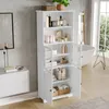 A white bathroom cabinet filled with toiletries and towels, next to a dresser and a bathtub. Náhled obrázku produktu