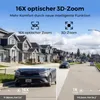 A split image showing a street with houses and cars, with close-ups demonstrating zoom features. Produktbild-Vorschau