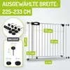 A diagram showing a white safety gate with various measurements and included accessories. Produktbild-Vorschau