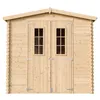 Front view of a wooden garden shed with double doors and two windows. Podgląd zdjęcia produktu