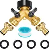 A Y-shaped garden hose splitter with two separate shut-off valves, along with sealing tape and rubber gaskets, displayed on a white background. Produktbild-Vorschau