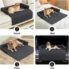 A collage of four images showing a dog bed in different settings: on a couch, on a bed, on the floor, and in a car trunk. Náhled obrázku produktu