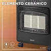 A close-up marketing image of a black gas heater with a ceramic element, showing its front grille and wheels. Text overlays highlight features. Podgląd zdjęcia produktu