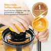 A person is using an electric citrus juicer to extract juice from an orange. The image highlights the juicer's automatic direction-changing feature. Produktbild-Vorschau