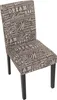 A single dining chair with a text-patterned fabric seat and back, and dark wooden legs, set against a white background. Produktbild-Vorschau