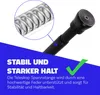 A close-up of a tension rod with a magnified view of its spring mechanism, overlaid with German marketing text and a checkmark. Produktbild-Vorschau