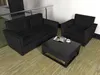 A black outdoor furniture set including a two-seater sofa, an armchair, and a coffee table, placed on a wooden deck. Produktbild-Vorschau