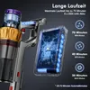 A close-up of a cordless vacuum cleaner with a transparent battery pack showing its internal components and battery cells, alongside text detailing battery life and modes. Produktbild-Vorschau