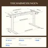 A diagram of a height-adjustable desk with dimensions and specifications. Voir les images du produit