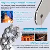 Close-up of a chainsaw chain and guide plate with text overlays describing material properties and manufacturing processes. Produktbild-Vorschau