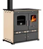 A freestanding wood-burning stove with an oven and a visible fire in the oven. Produktbild-Vorschau