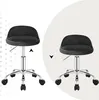 Two images of a black office stool with a silver base and wheels, presented on a white and light gray background. Produktbild-Vorschau