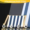 Close-up of a striped deck chair with feature icons and text overlays. Produktbild-Vorschau