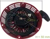 A close-up view of a red and black recoil starter assembly with measurement annotations. Náhľad obrázku produktu