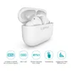 A white LAMAX Clips1 earbuds case with earbuds inside, shown from a slightly elevated front-left angle, with feature icons and text below. Produktbild-Vorschau
