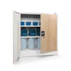 An open metal cabinet with three shelves, displaying storage bins and containers. Podgląd zdjęcia produktu