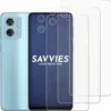 A light blue smartphone is shown next to three transparent screen protectors. The phone's screen displays the brand name 'SAVVIES' and 'SMART PROTECTION'. Produktbild-Vorschau